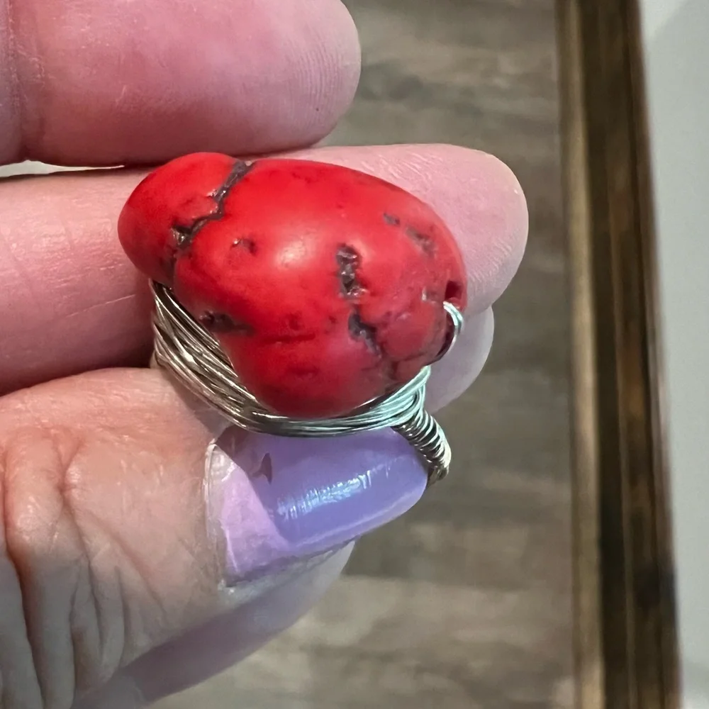 Red Coral Stone Silver Nest Ring Size 9 boho southwestern western artisan
